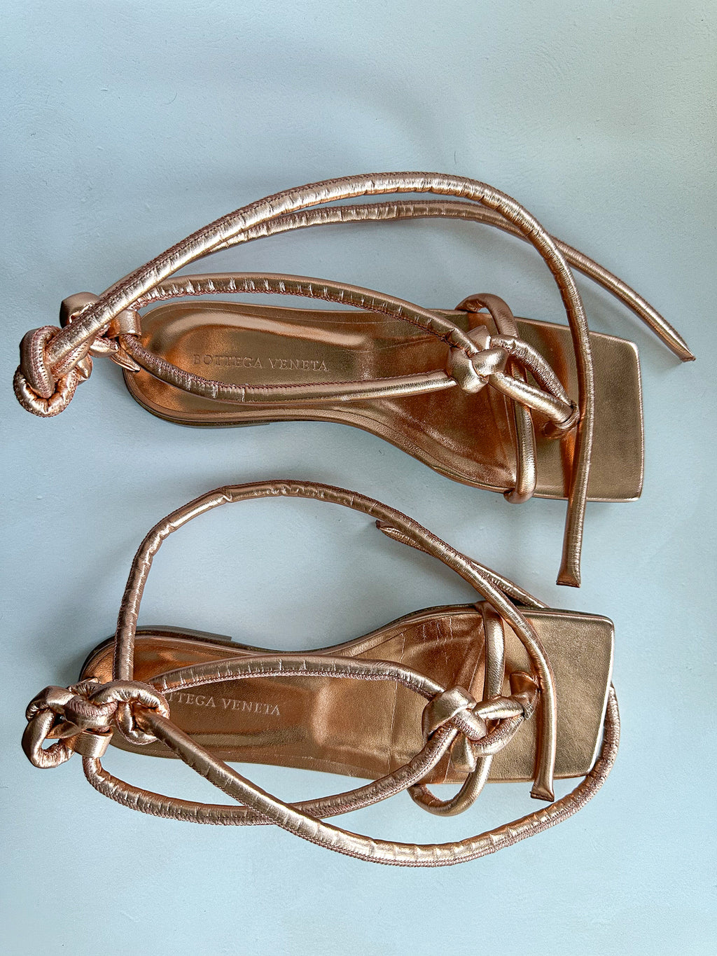 Bottega Veneta Rose Gold Square Toe Knotted Leather Sandals Flats