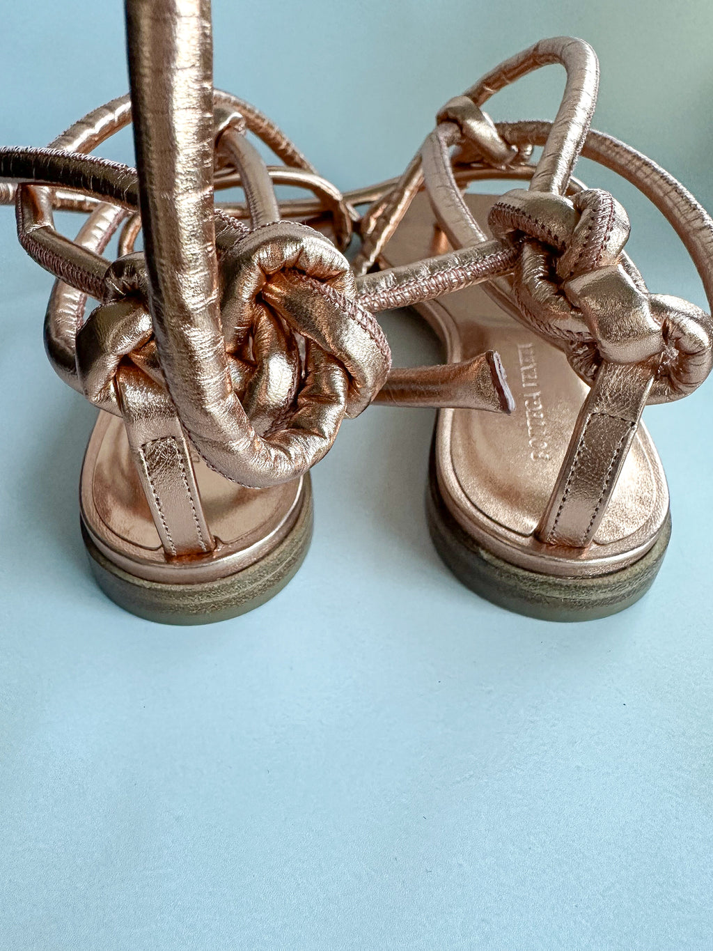 Bottega Veneta Rose Gold Square Toe Knotted Leather Sandals Flats