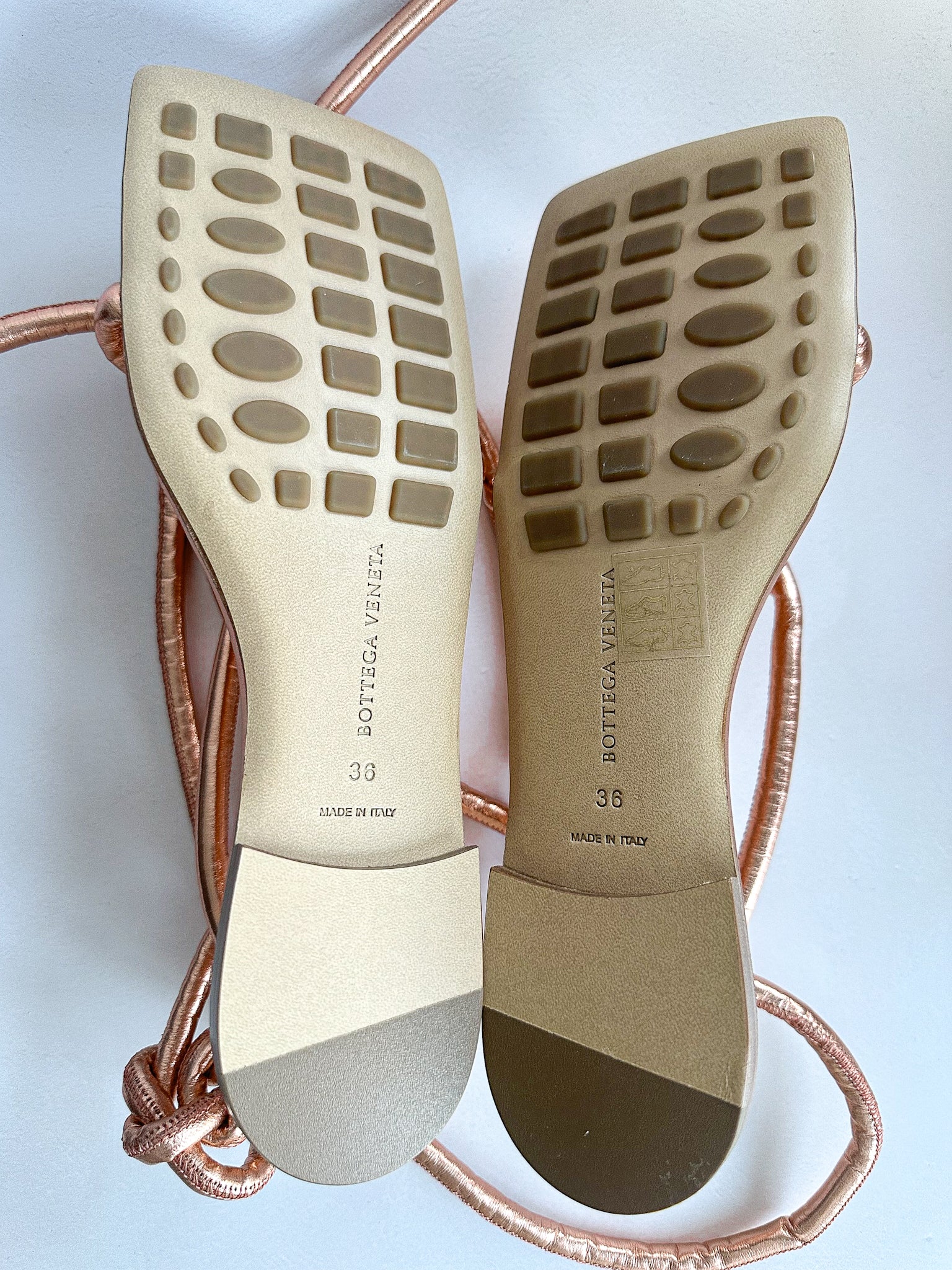 Bottega Veneta Rose Gold Square Toe Knotted Leather Sandals Flats