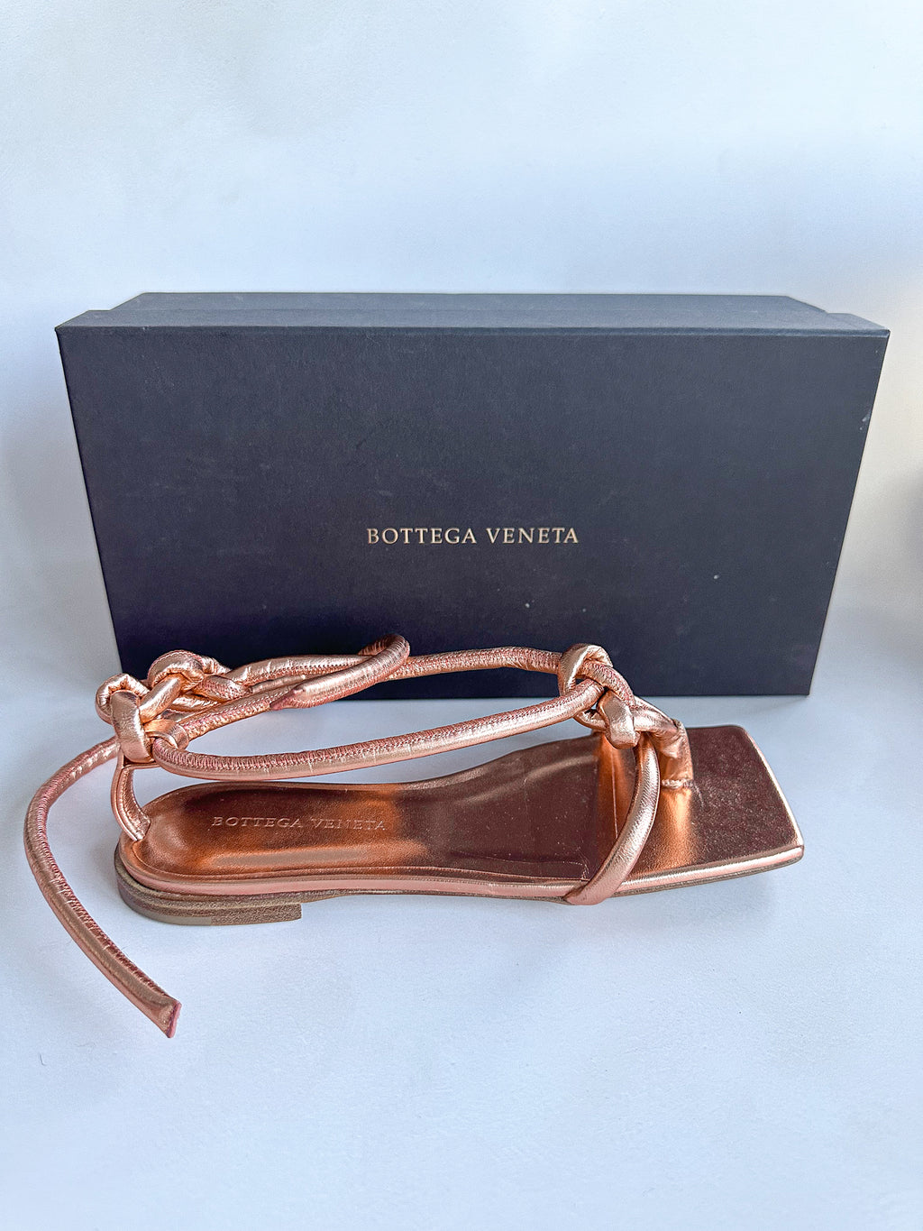 Bottega Veneta Rose Gold Square Toe Knotted Leather Sandals Flats