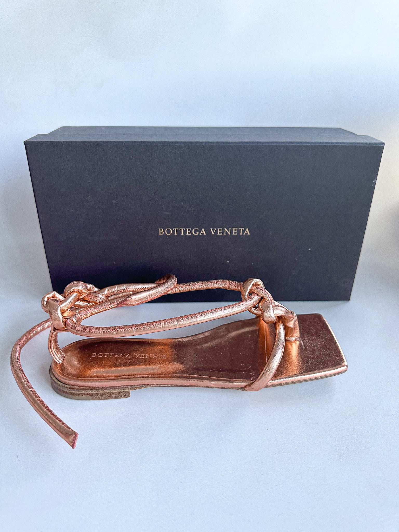 Bottega Veneta Rose Gold Square Toe Knotted Leather Sandals Flats
