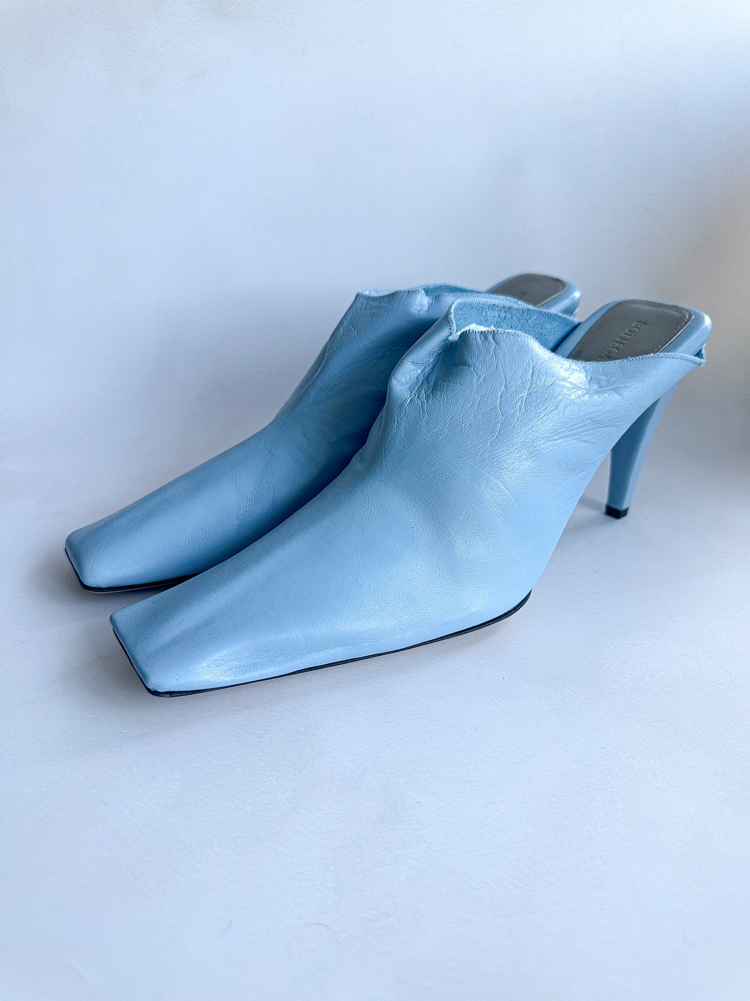 Bottega Veneta Light Blue Leather Square Toe Mule Heels