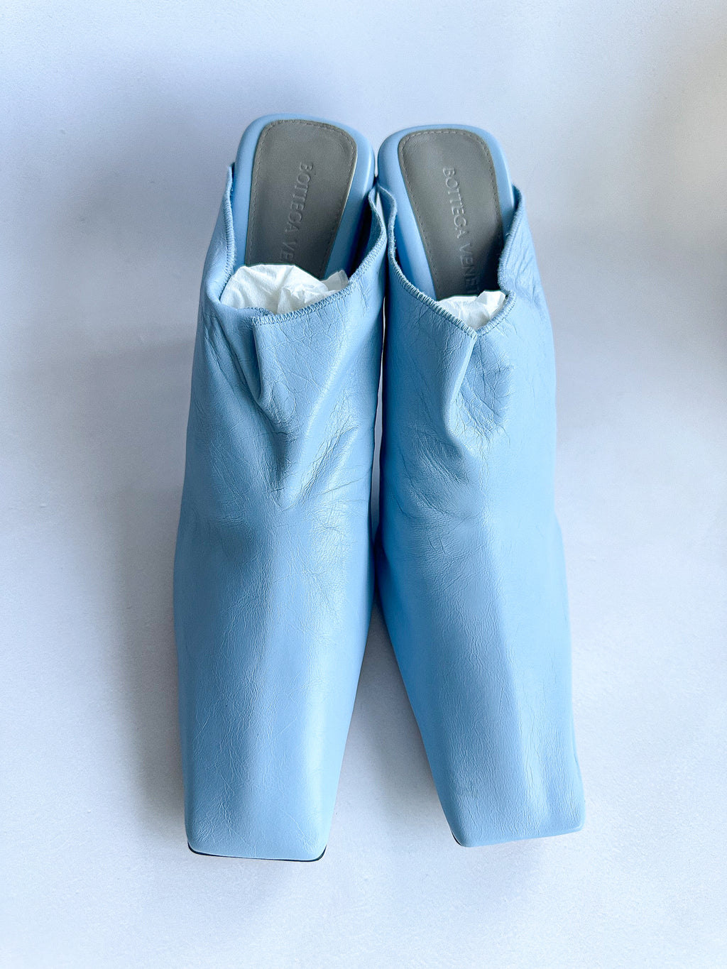 Bottega Veneta Light Blue Leather Square Toe Mule Heels