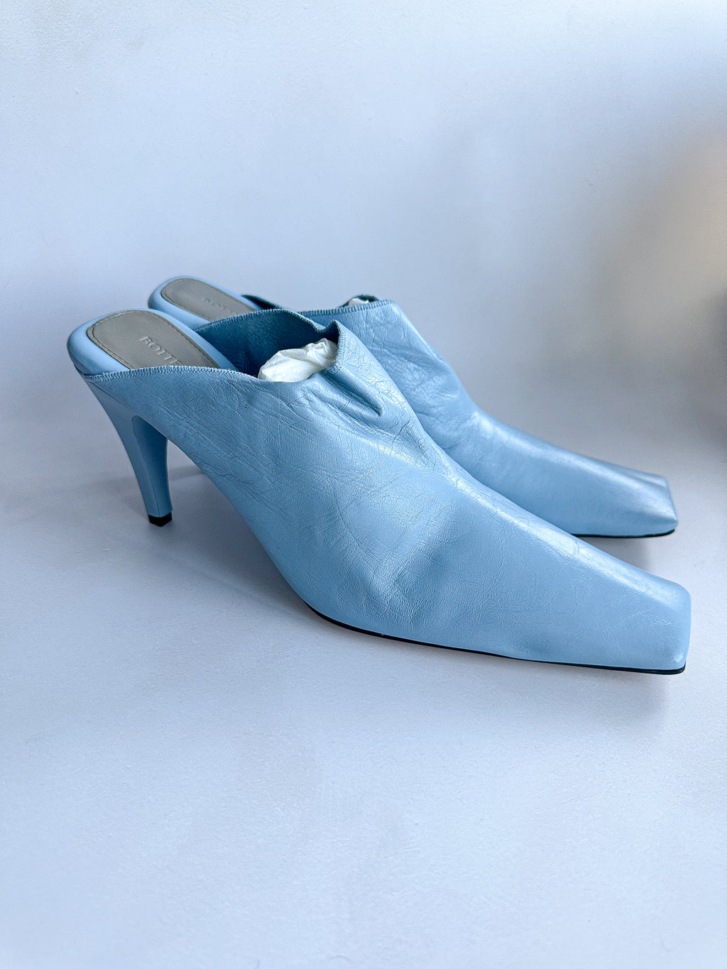 Bottega Veneta Light Blue Leather Square Toe Mule Heels