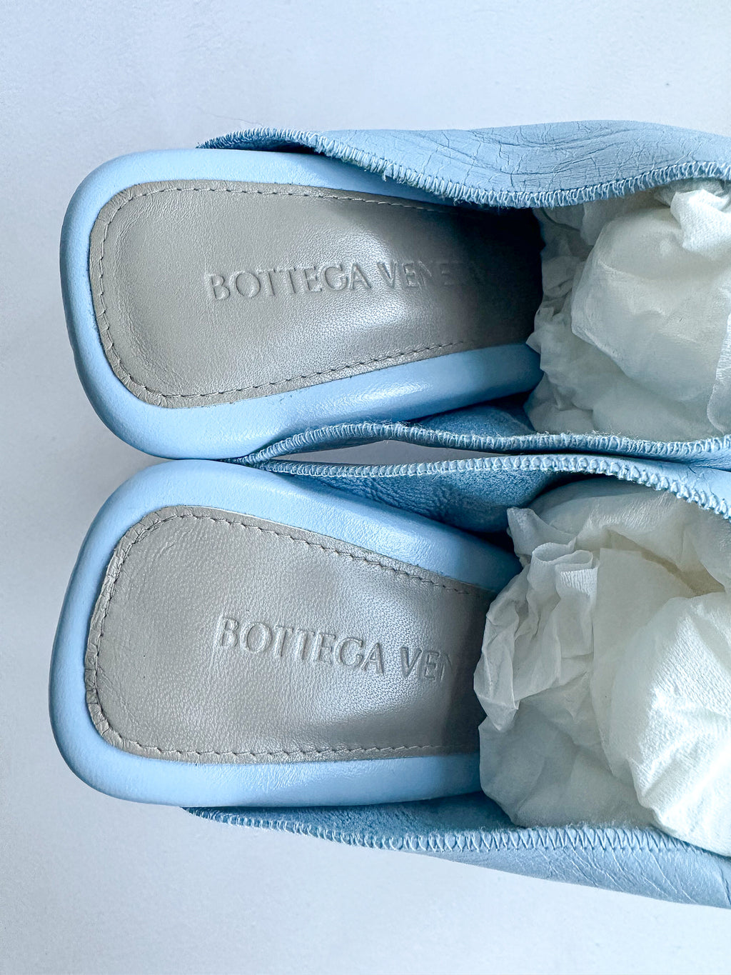 Bottega Veneta Light Blue Leather Square Toe Mule Heels