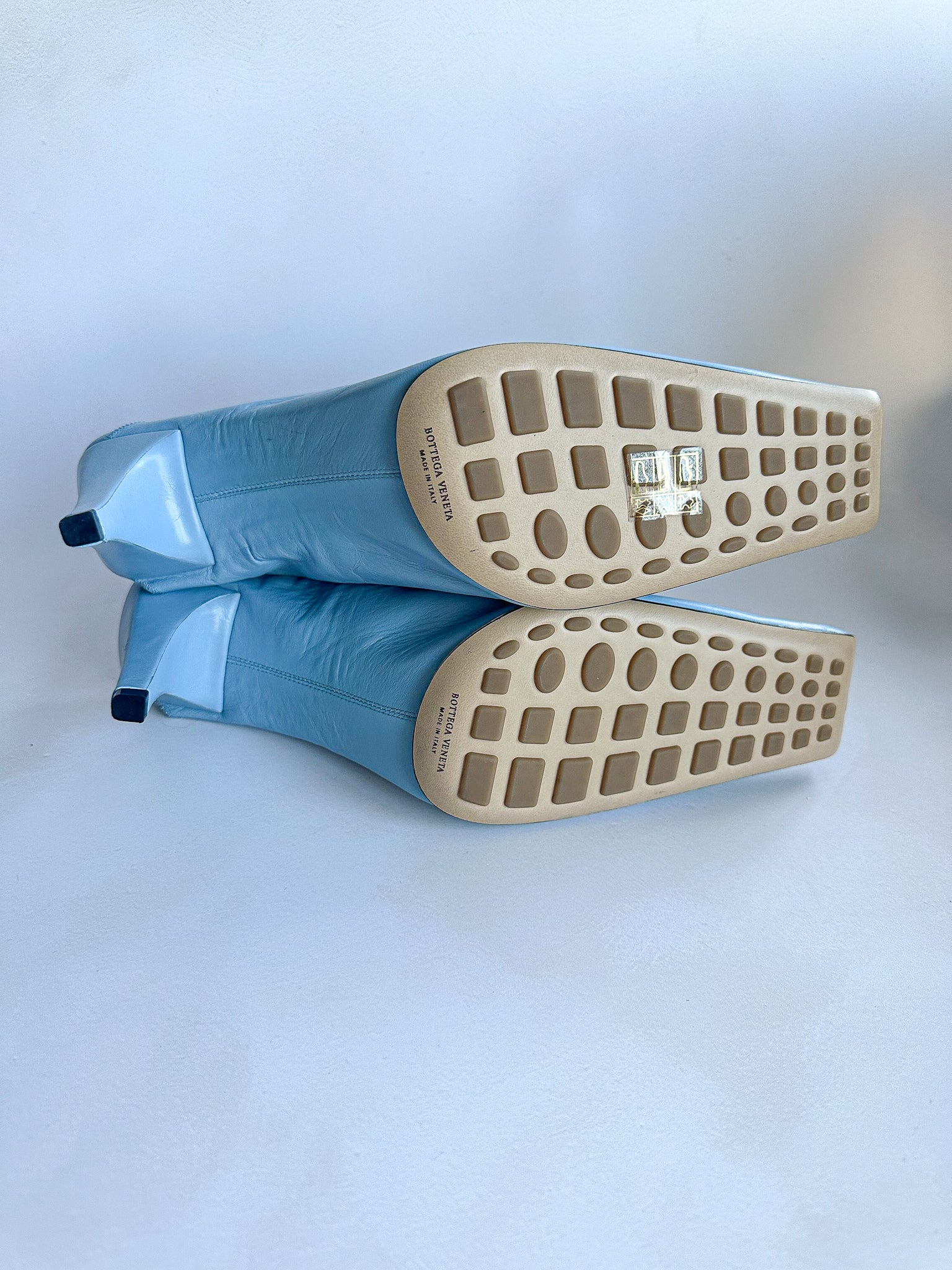 Bottega Veneta Light Blue Leather Square Toe Mule Heels