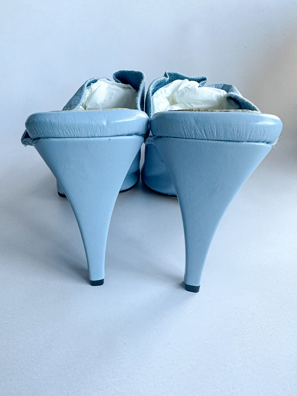Bottega Veneta Light Blue Leather Square Toe Mule Heels