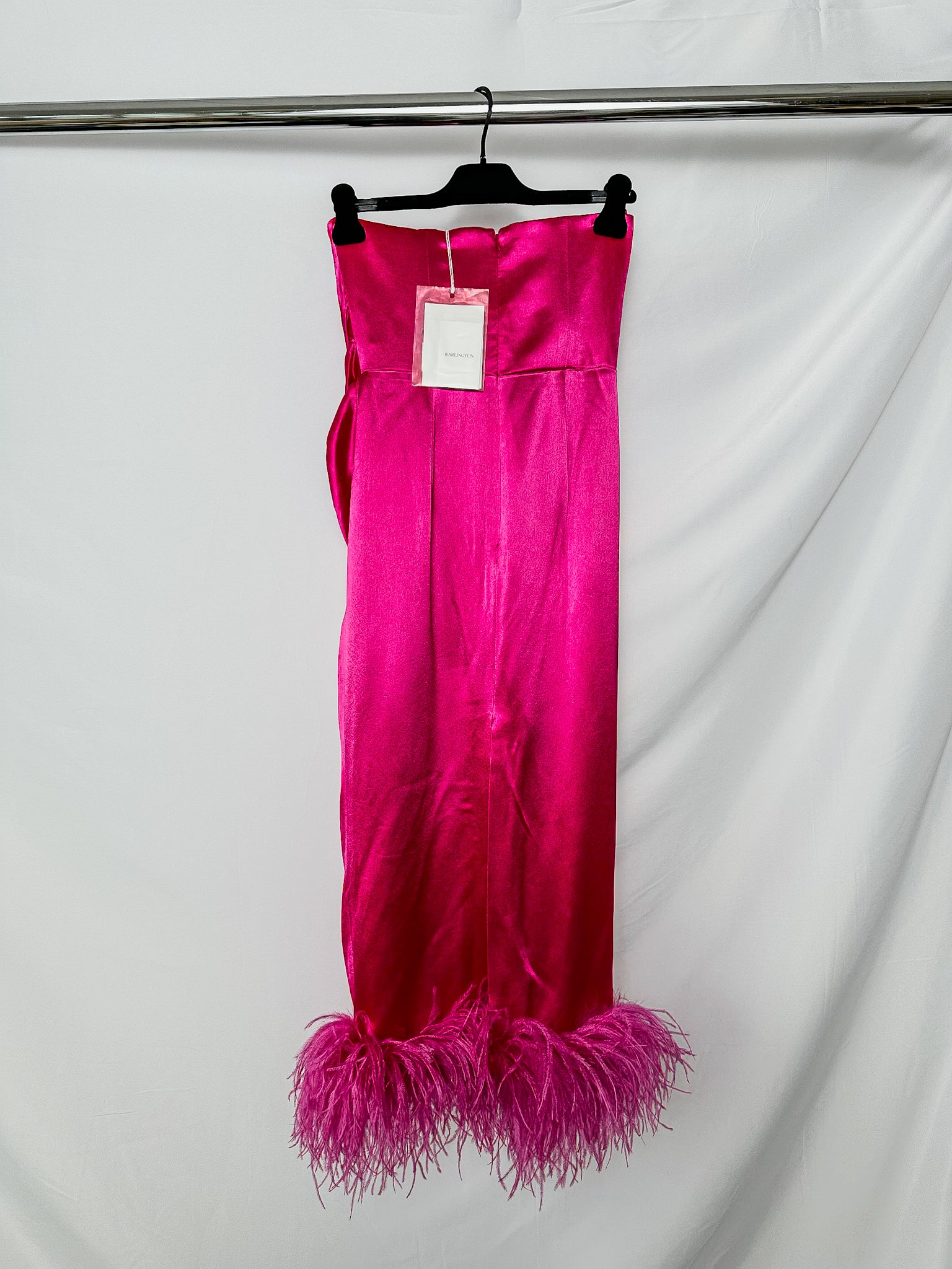16Arlington Fuchsia Pink Himawari Feather Trim Satin Strapless Mini Dress