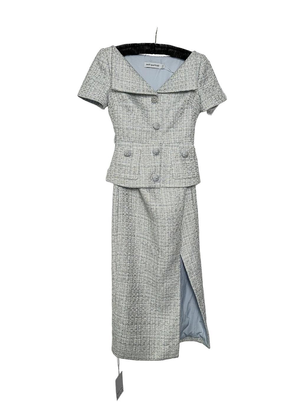 Self-Portrait Blue Boucle Tweed Folded Collar Diamante Button Detail Midi Dress