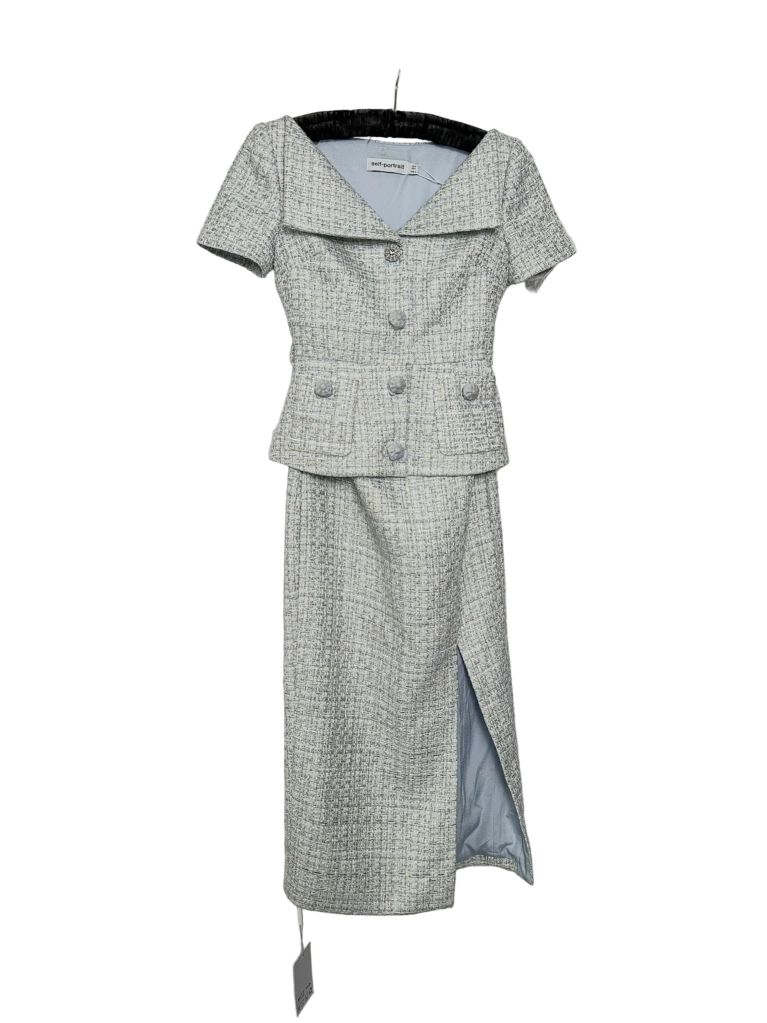 Self-Portrait Blue Boucle Tweed Folded Collar Diamante Button Detail Midi Dress