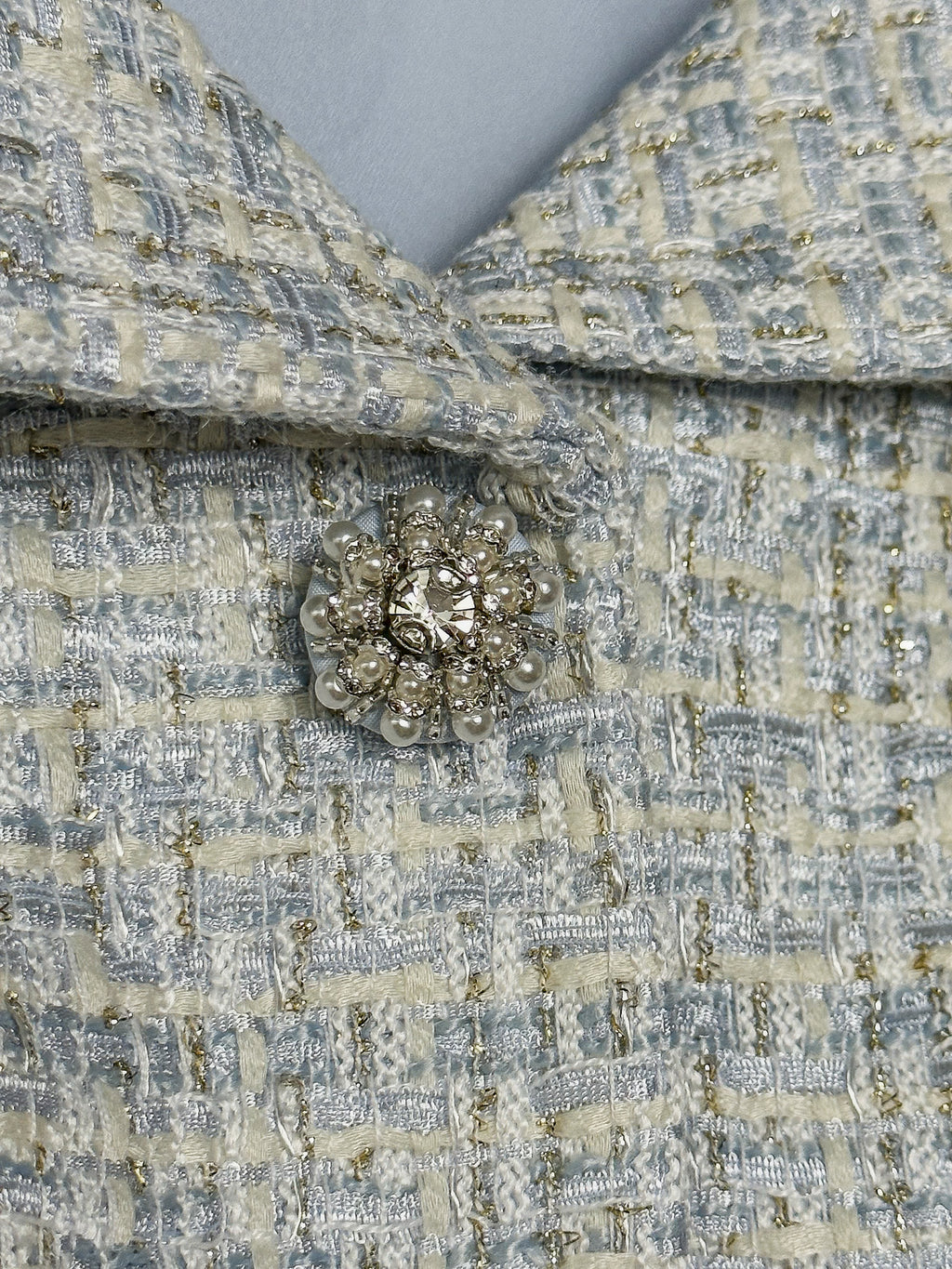 Self-Portrait Blue Boucle Tweed Folded Collar Diamante Button Detail Midi Dress