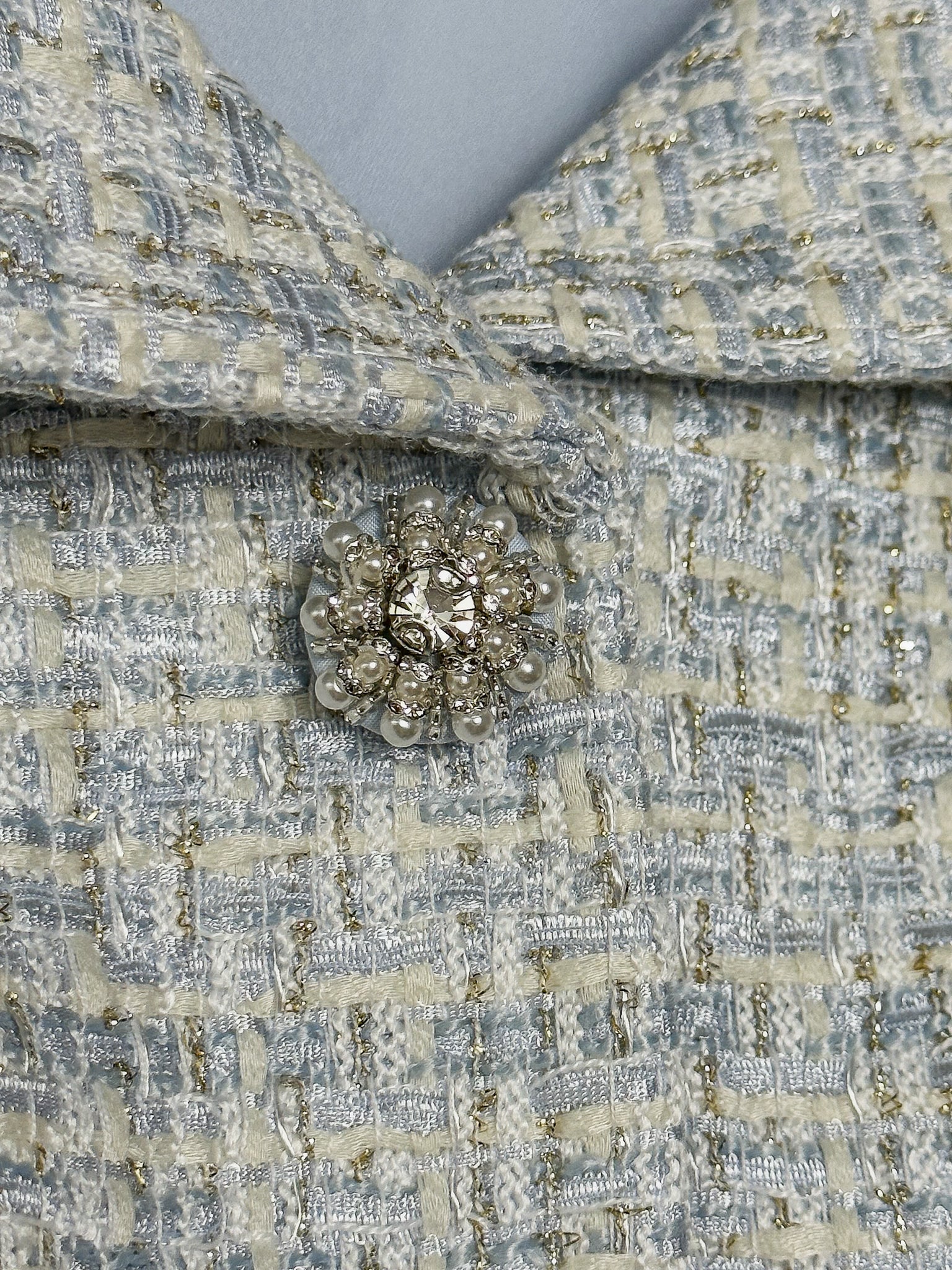 Self-Portrait Blue Boucle Tweed Folded Collar Diamante Button Detail Midi Dress