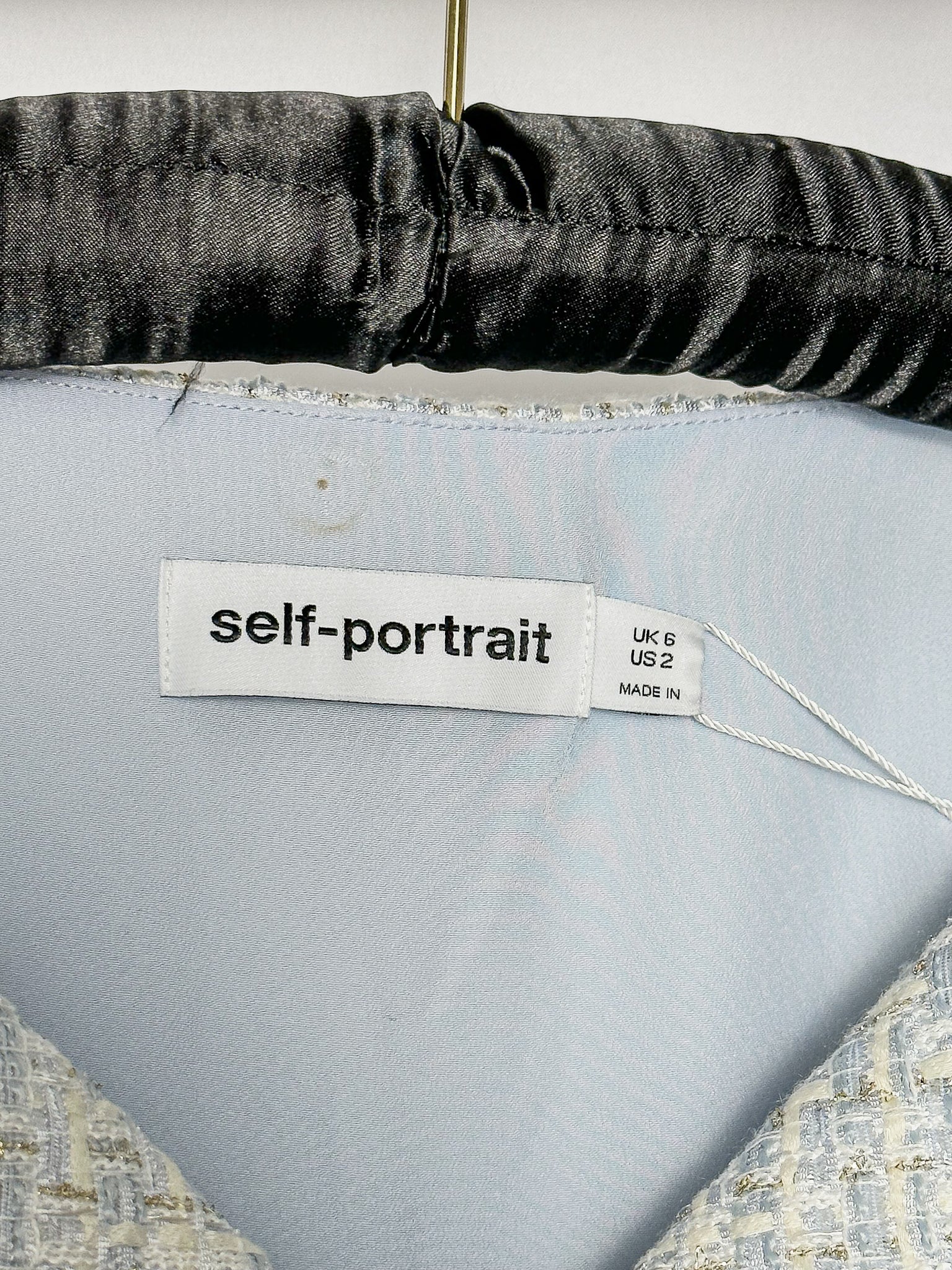 Self-Portrait Blue Boucle Tweed Folded Collar Diamante Button Detail Midi Dress