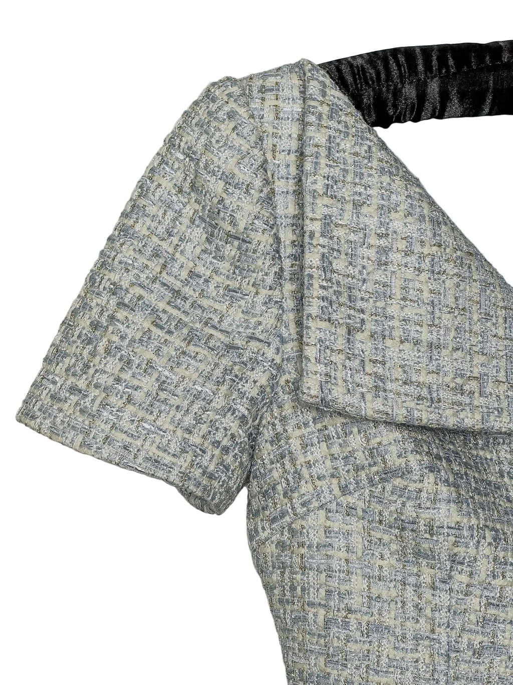 Self-Portrait Blue Boucle Tweed Folded Collar Diamante Button Detail Midi Dress