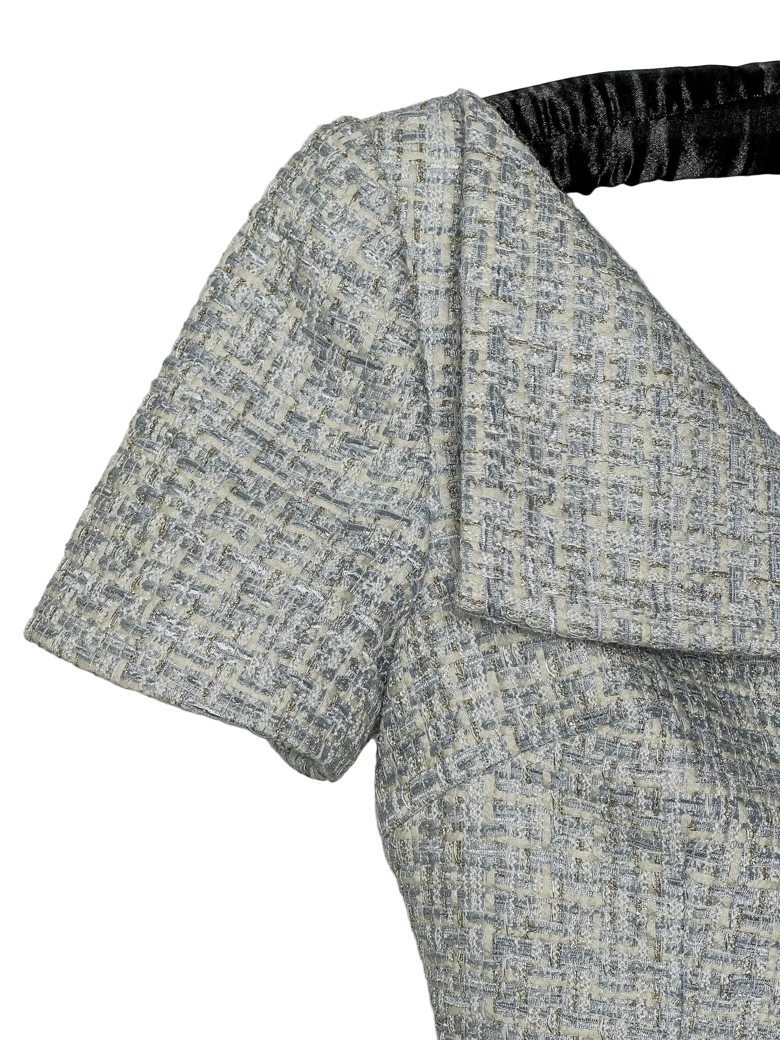 Self-Portrait Blue Boucle Tweed Folded Collar Diamante Button Detail Midi Dress