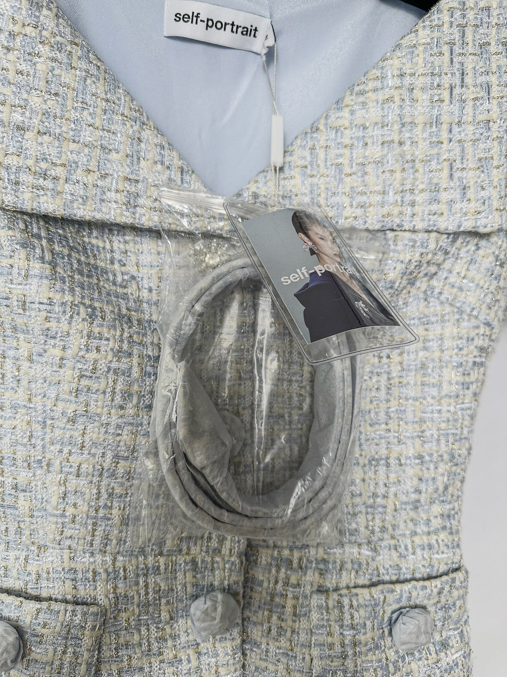 Self-Portrait Blue Boucle Tweed Folded Collar Diamante Button Detail Midi Dress