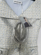 Self-Portrait Blue Boucle Tweed Folded Collar Diamante Button Detail Midi Dress