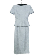 Self-Portrait Blue Boucle Tweed Folded Collar Diamante Button Detail Midi Dress