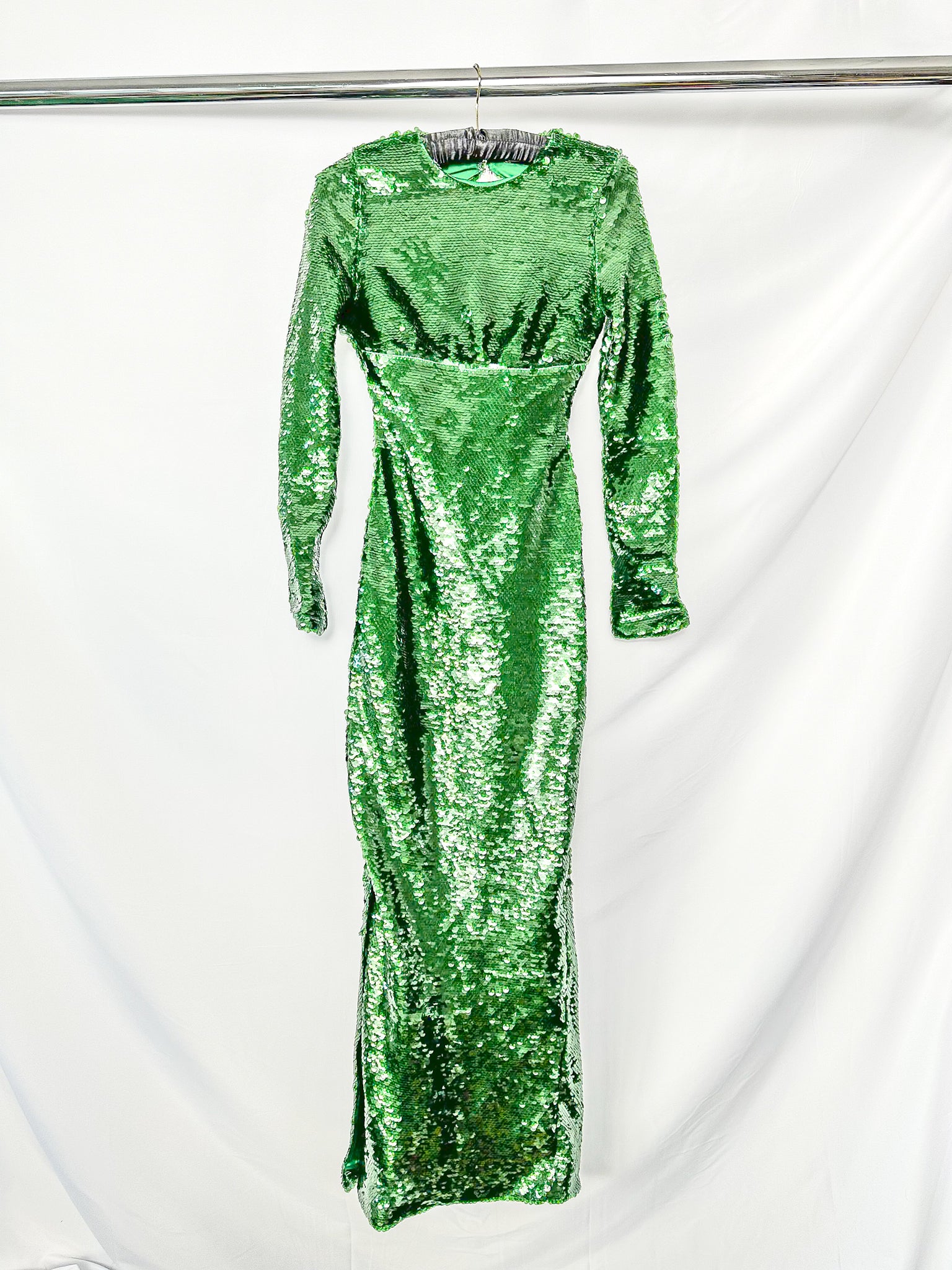 House Of CB Belle Sequinned Pine Green Open Back Maxi Dress