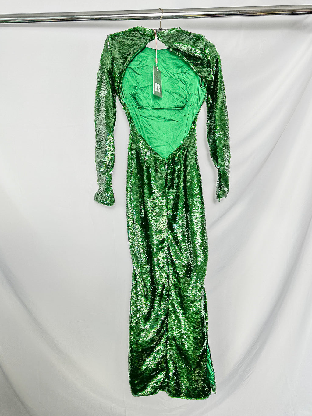 House Of CB Belle Sequinned Pine Green Open Back Maxi Dress
