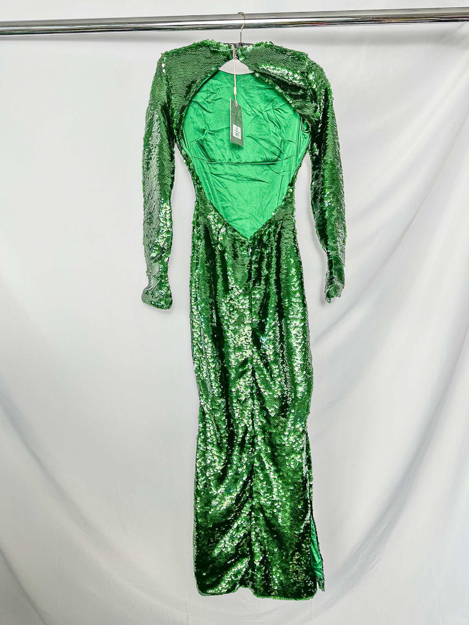 House Of CB Belle Sequinned Pine Green Open Back Maxi Dress