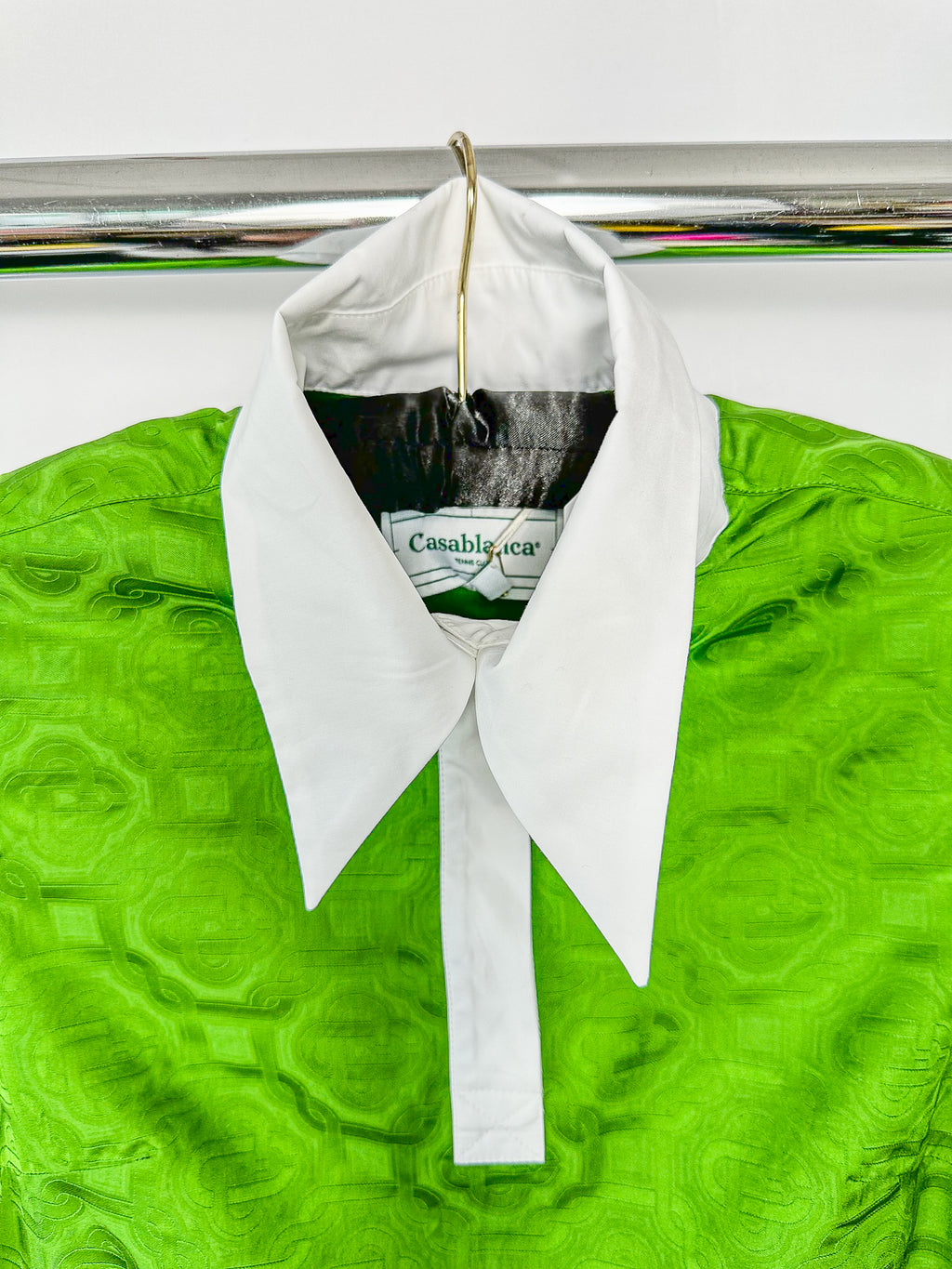 Casablanca Tennis Club Monogram Satin Jacquard Emerald Green Shirt Dress