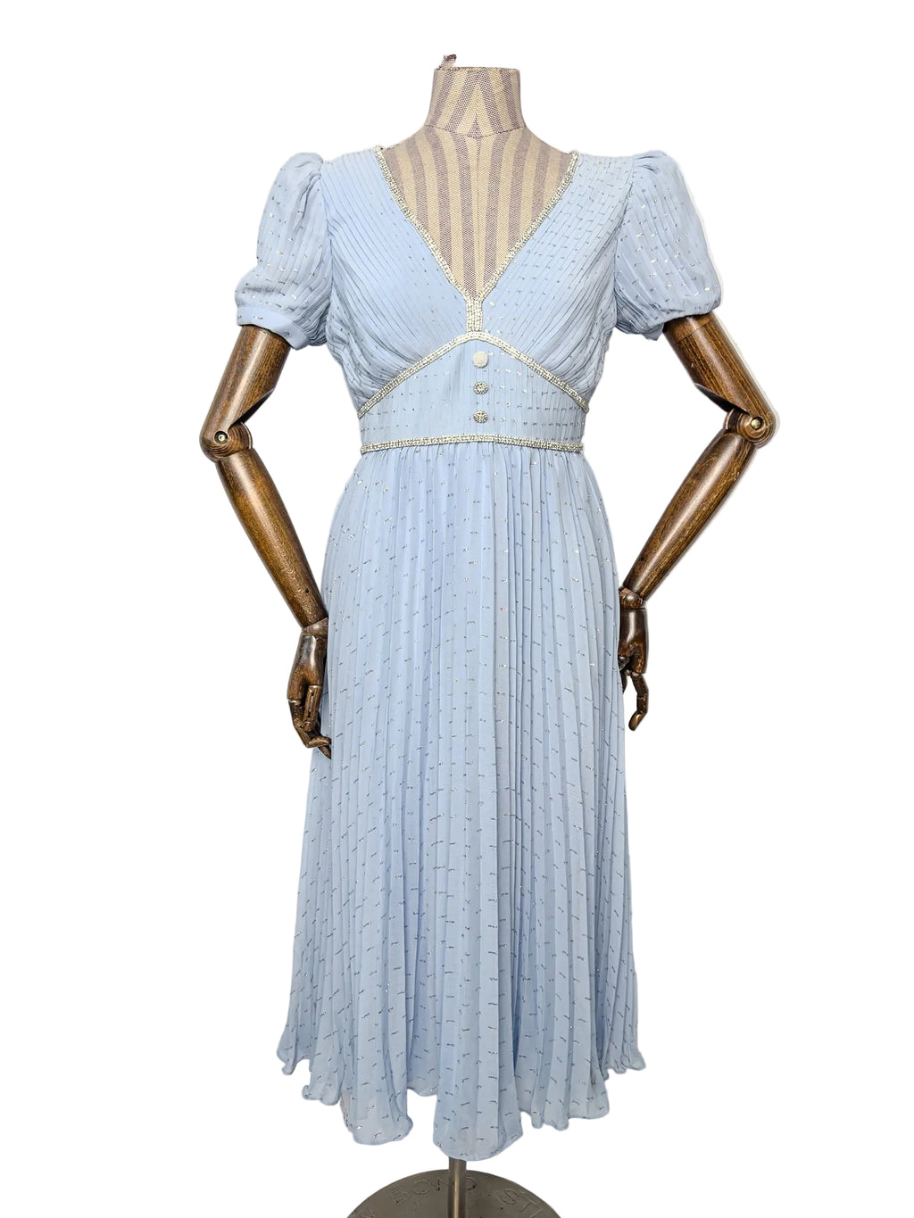 Self-Portrait Light Blue Crystal Embellished Metallic Fil Coupé Plissé-Chiffon Midi Dress