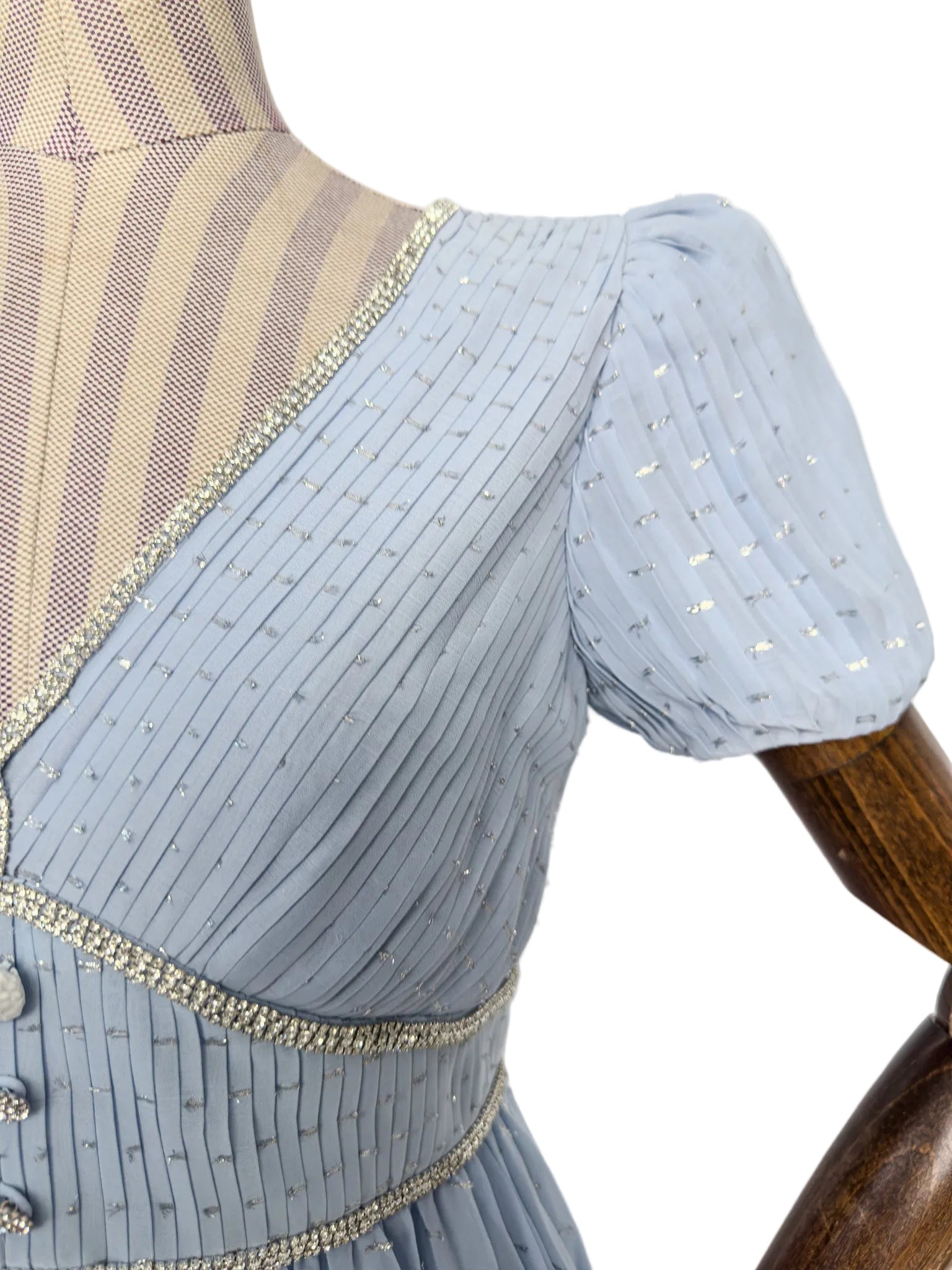 Self-Portrait Light Blue Crystal Embellished Metallic Fil Coupé Plissé-Chiffon Midi Dress