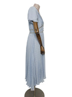 Self-Portrait Light Blue Crystal Embellished Metallic Fil Coupé Plissé-Chiffon Midi Dress