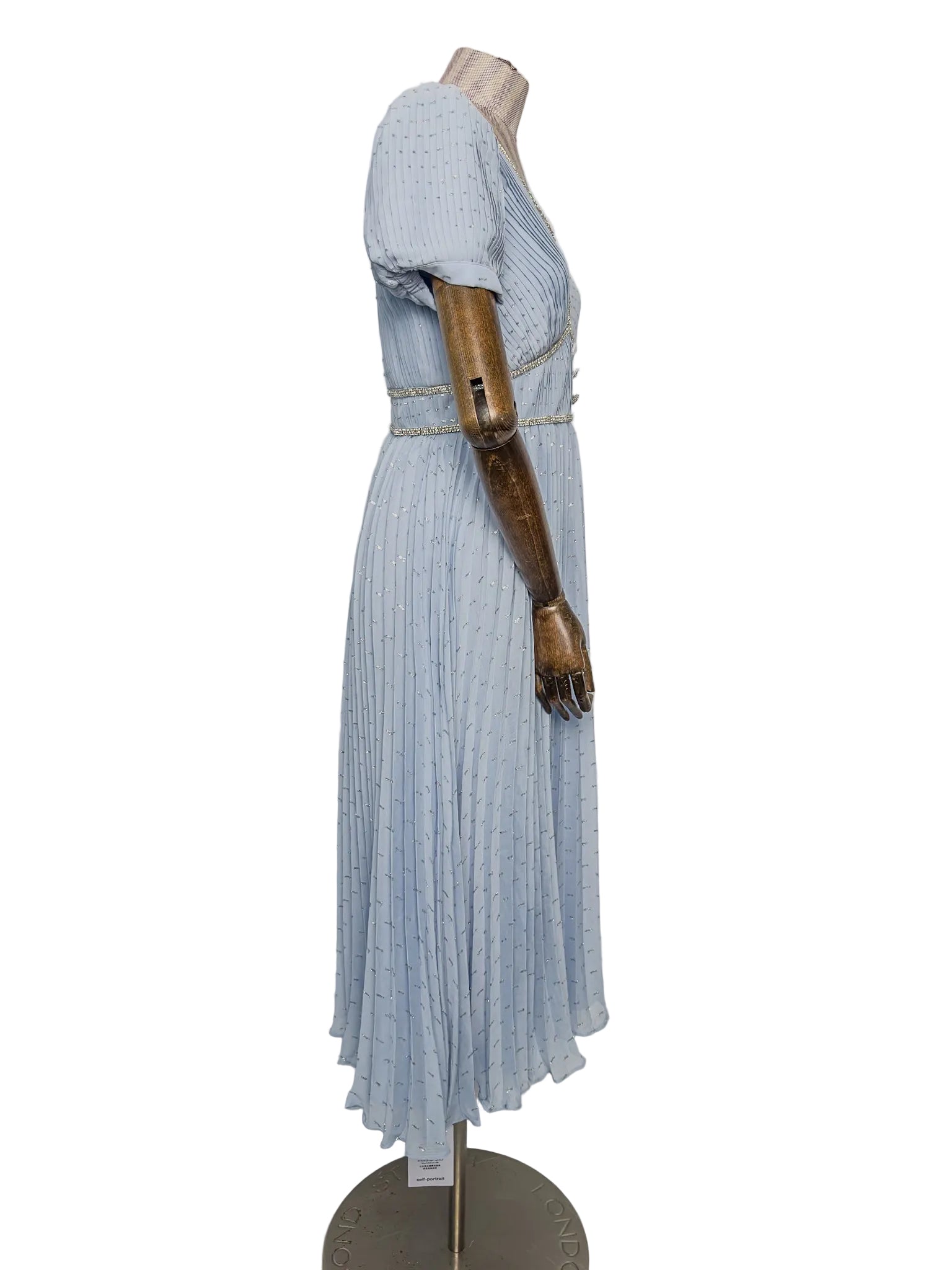 Self-Portrait Light Blue Crystal Embellished Metallic Fil Coupé Plissé-Chiffon Midi Dress