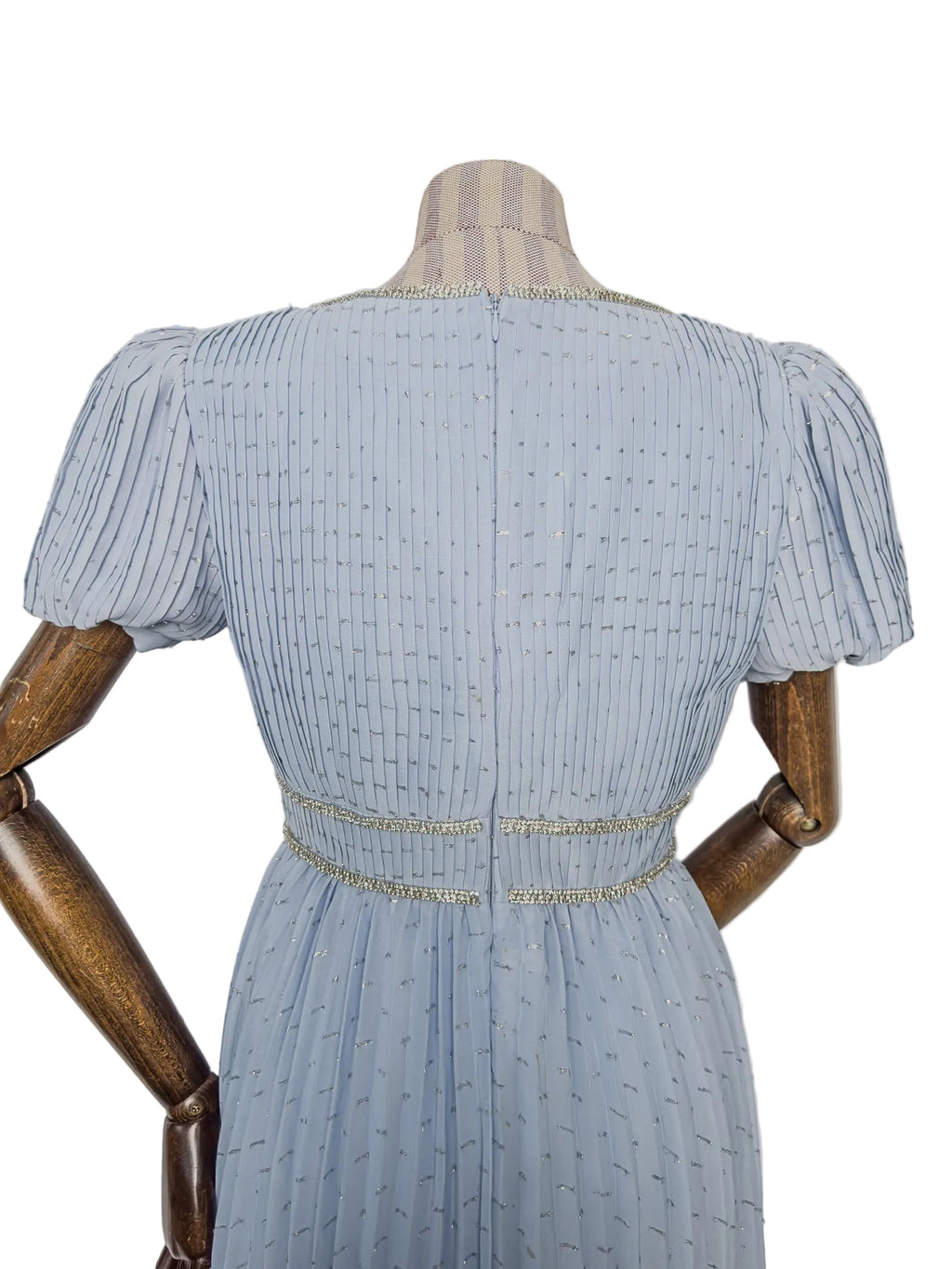 Self-Portrait Light Blue Crystal Embellished Metallic Fil Coupé Plissé-Chiffon Midi Dress