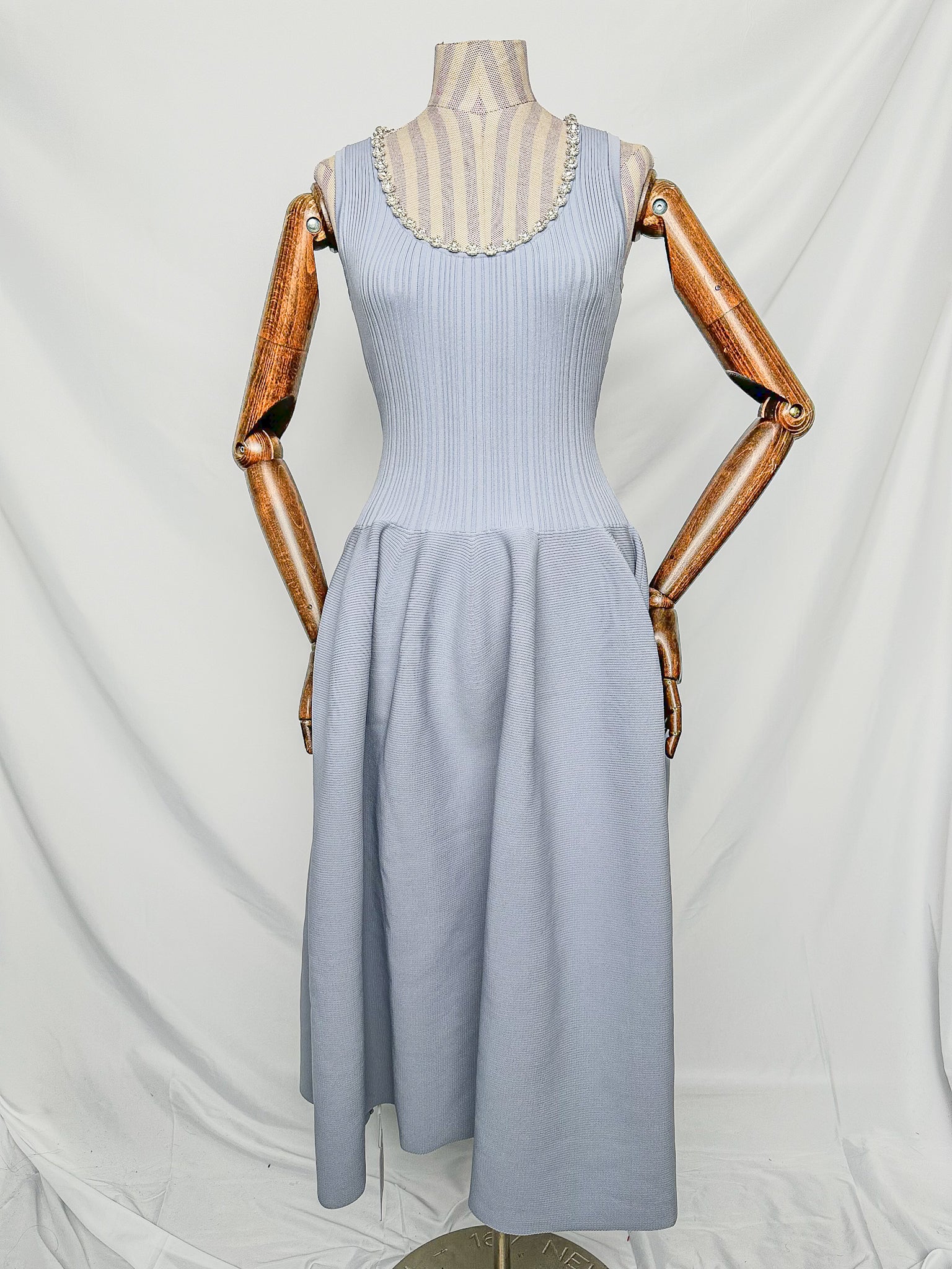 Self-Portrait Light Blue Crystal Embellished Ribbed Stretch Knit Midi Dress