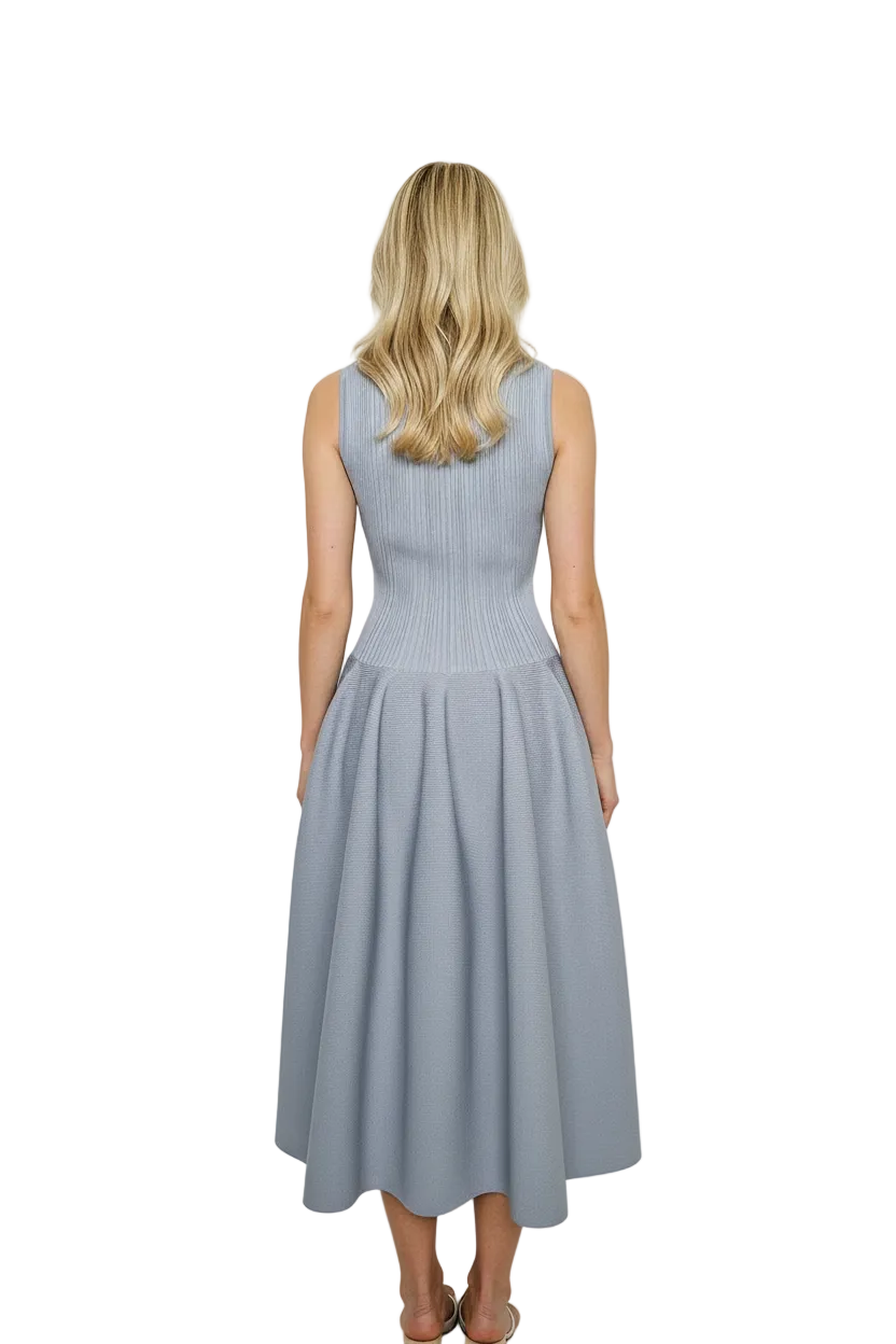 Hellblaues, kristallverziertes Midikleid aus geripptem Stretch-Strick von Self-Portrait