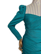 Self-Portrait Teal Sweetheart Neck Ruched Long Sleeve Midi Dress