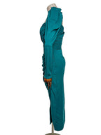 Self-Portrait Teal Sweetheart Neck Ruched Long Sleeve Midi Dress