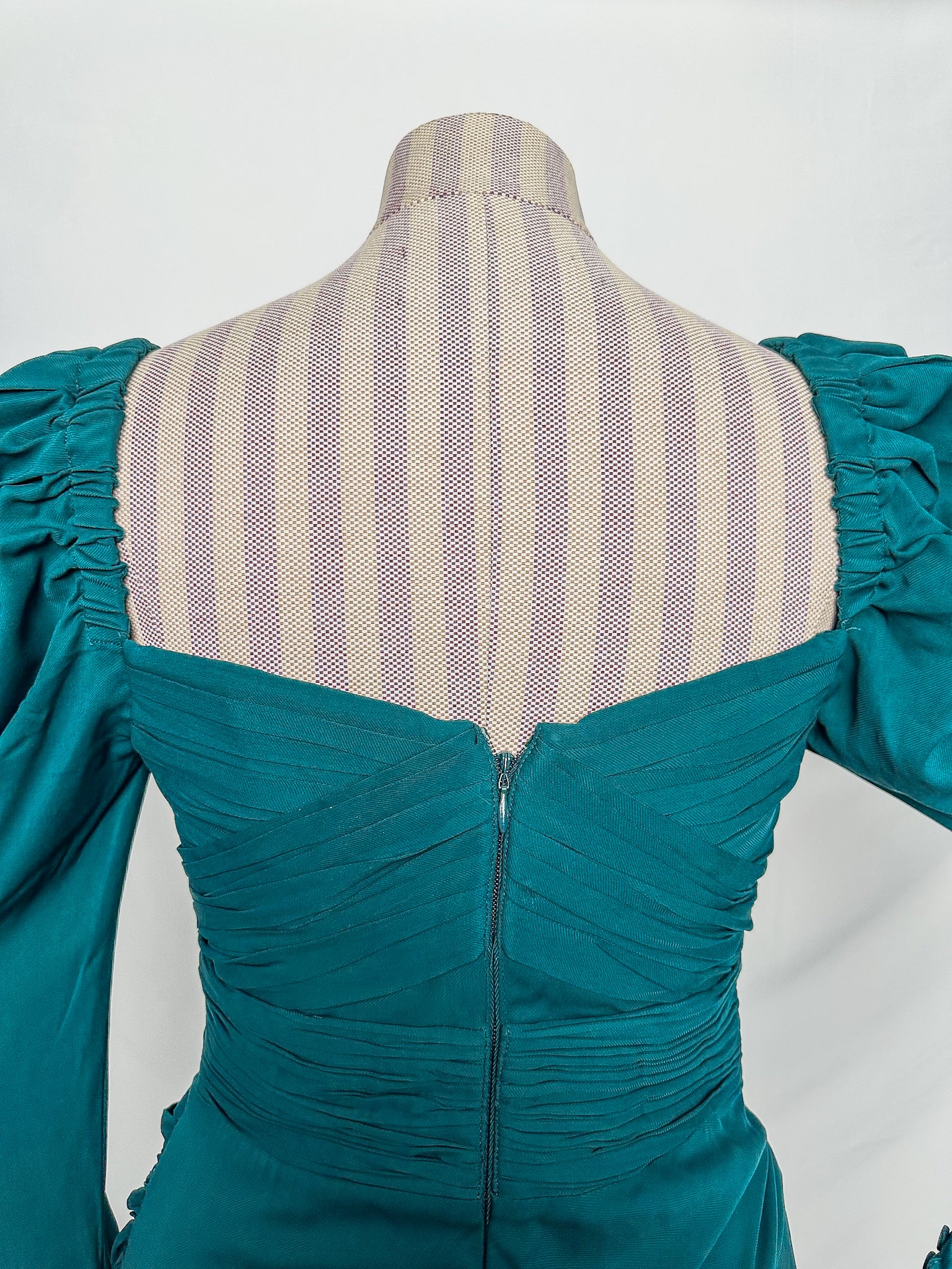 Self-Portrait Teal Sweetheart Neck Ruched Long Sleeve Midi Dress