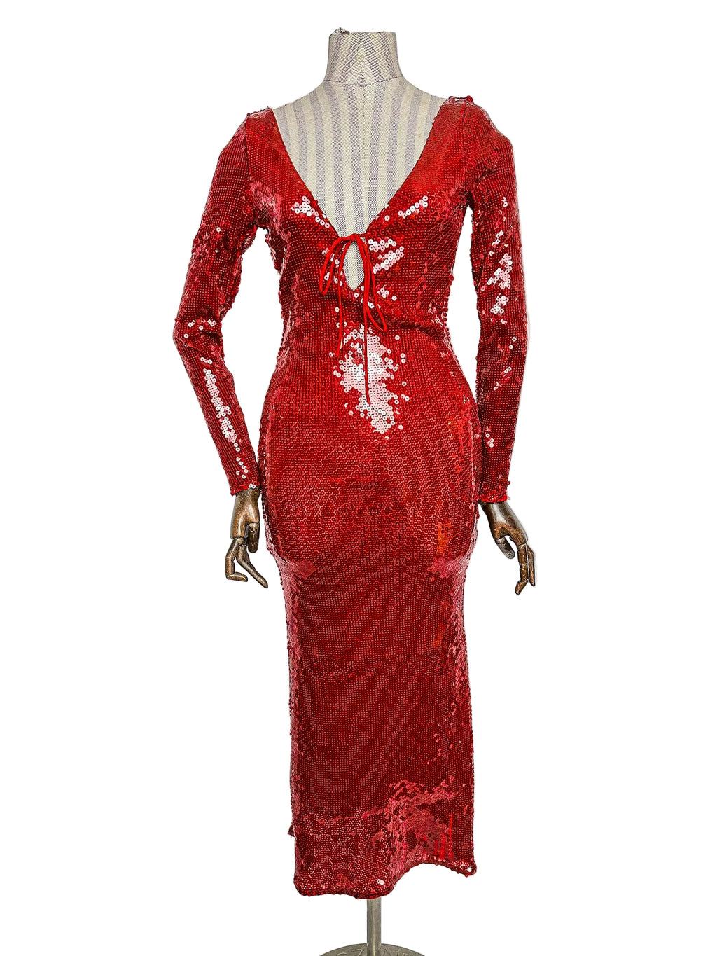 Robe midi rouge à sequins Bardot, bretelles et dos nu