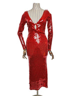 Robe midi rouge à sequins Bardot, bretelles et dos nu
