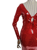 Robe midi rouge à sequins Bardot, bretelles et dos nu