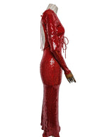 Robe midi rouge à sequins Bardot, bretelles et dos nu
