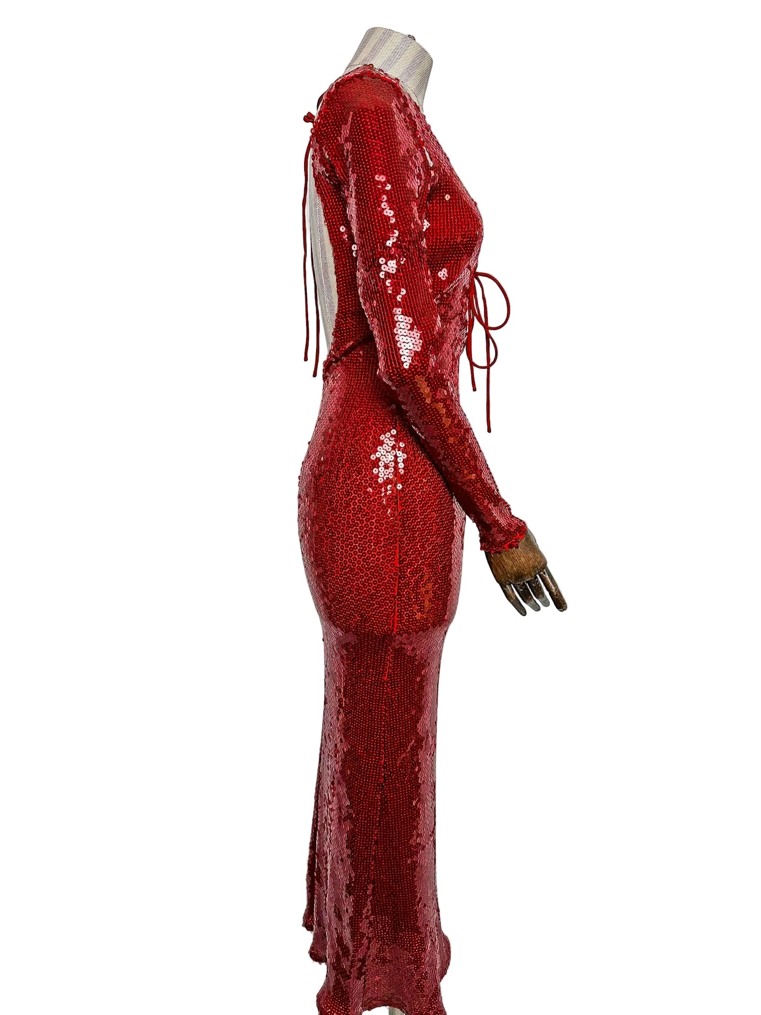 Robe midi rouge à sequins Bardot, bretelles et dos nu