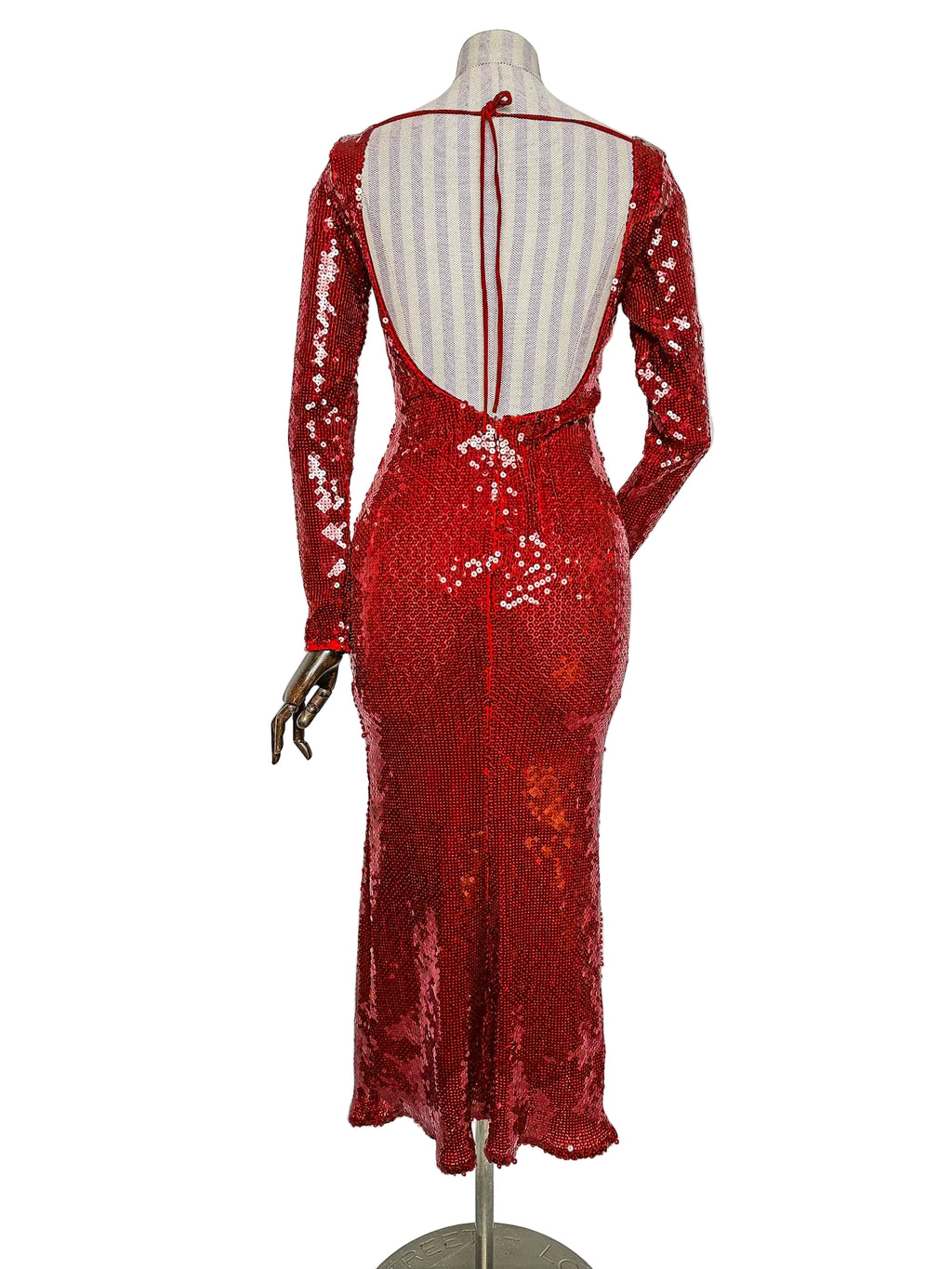 Robe midi rouge à sequins Bardot, bretelles et dos nu