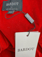 Robe midi rouge à sequins Bardot, bretelles et dos nu
