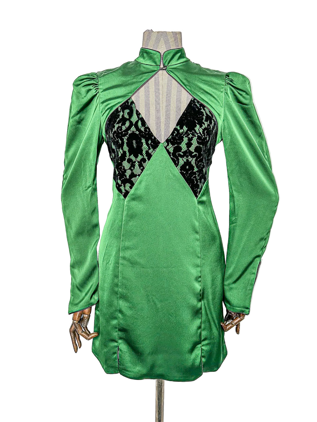 De La Vali Green Satin Lace Detail Open Front Mandarin Collar Mini Dress