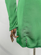 De La Vali Green Satin Lace Detail Open Front Mandarin Collar Mini Dress