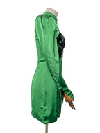 De La Vali Green Satin Lace Detail Open Front Mandarin Collar Mini Dress