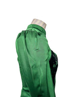 De La Vali Green Satin Lace Detail Open Front Mandarin Collar Mini Dress