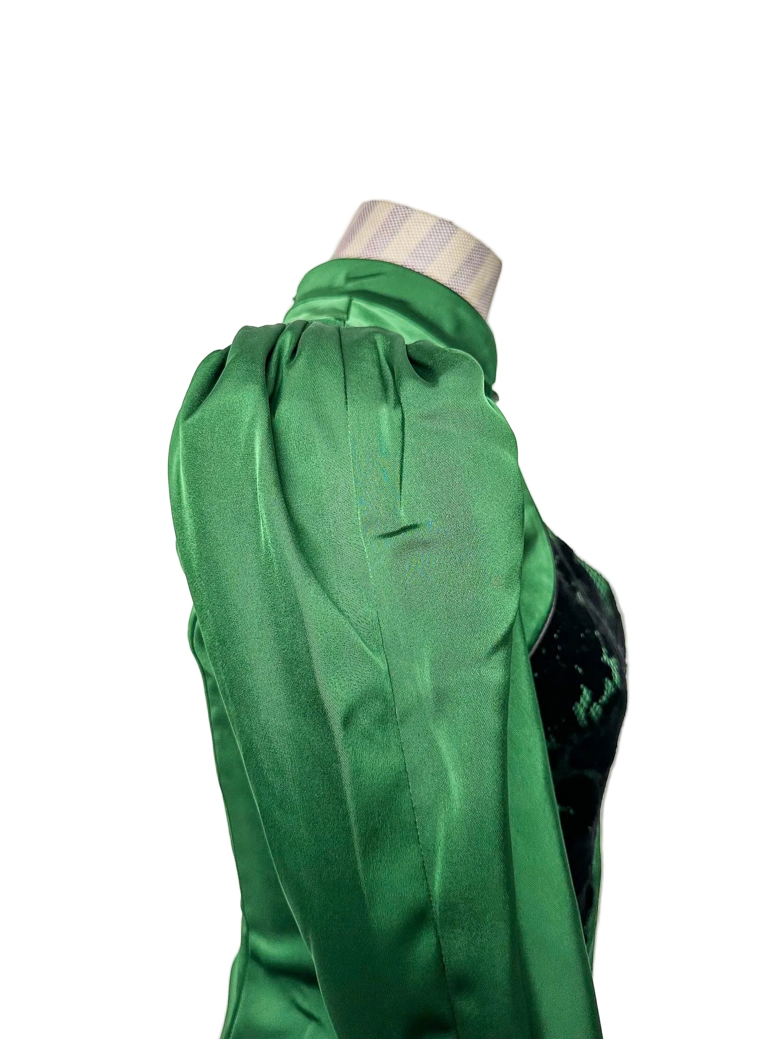 De La Vali Green Satin Lace Detail Open Front Mandarin Collar Mini Dress