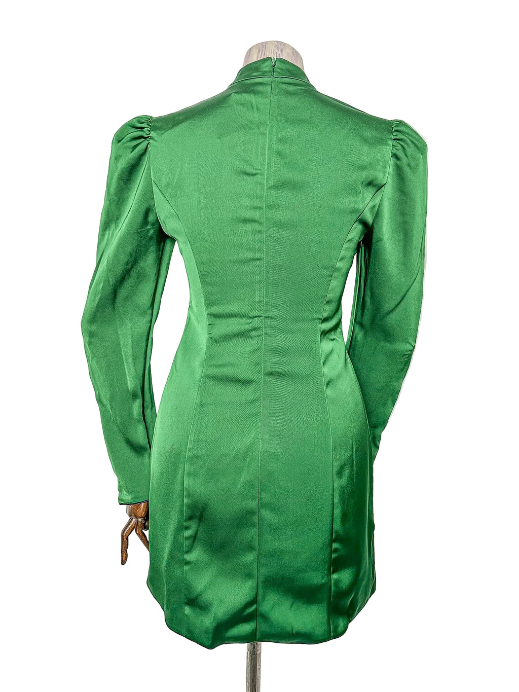 De La Vali Green Satin Lace Detail Open Front Mandarin Collar Mini Dress