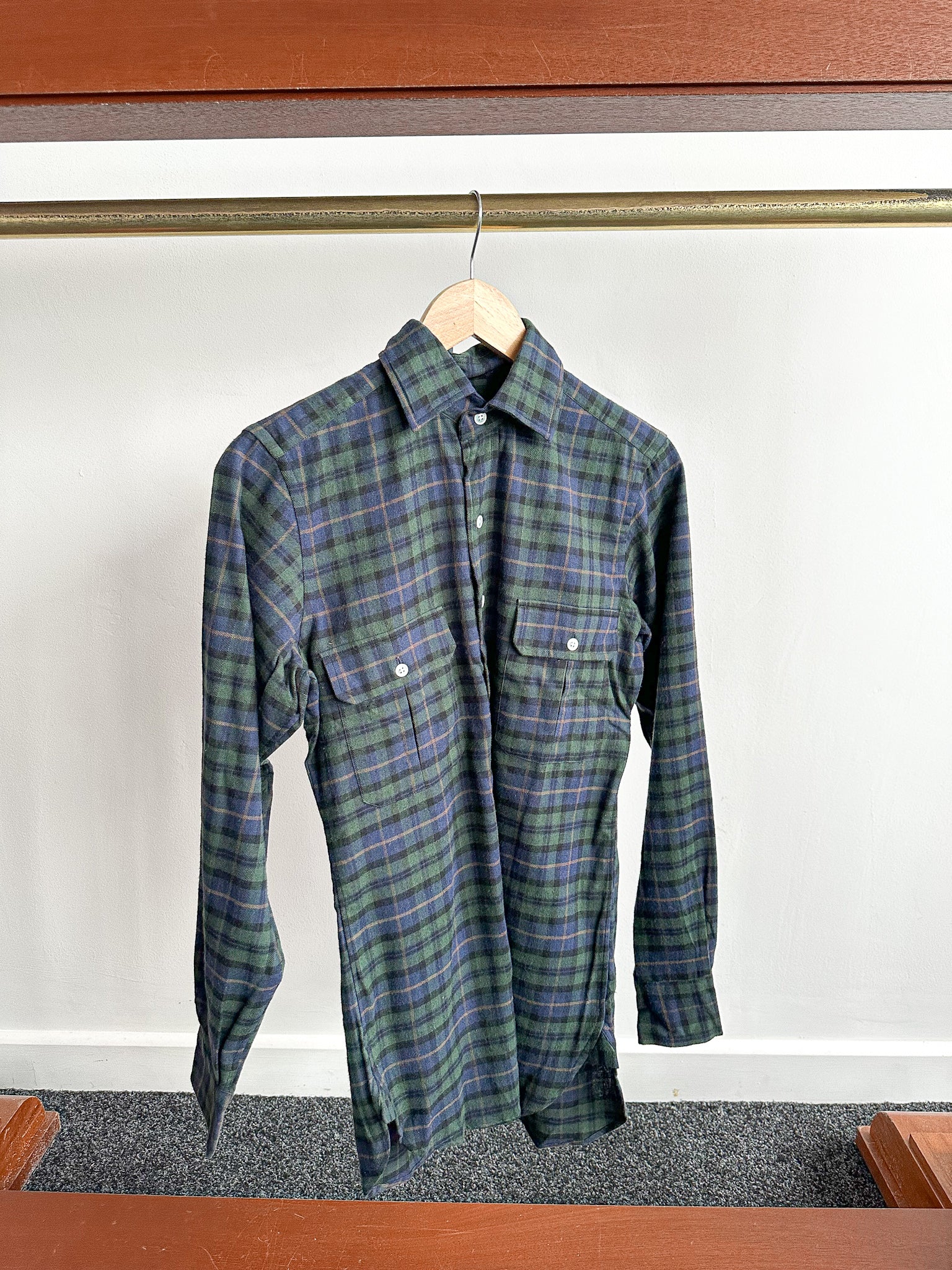Drake's Green Blue Checked Brushed Cotton Lumberjack Work Shirt - House Of Huntington